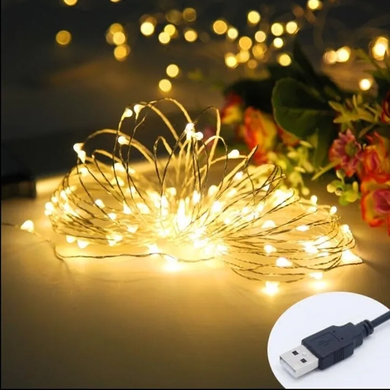 String LED Luz 10m 100led USB Holiday 5V Impermeável Cooper Wire Fairy Christmas Wedding Garden Year Decoration Y201020