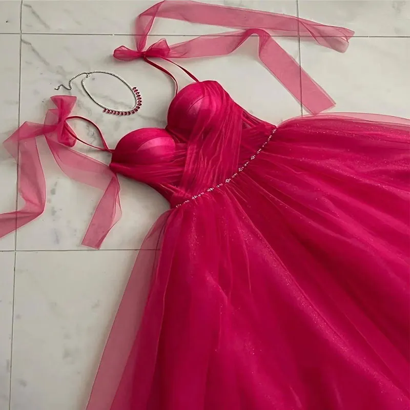 Brillant Spaghetti Strap Robes De Bal Perle Taille Plis Tulle Robe De Soirée De Retrouvailles Une Ligne Femmes D'été Maxi Robe