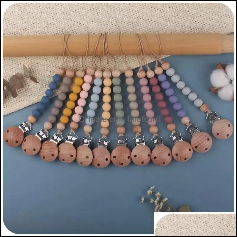 Stock 12 colors Beech Wooden silicone Bead Pacifier Holders Newborn Pacifier Chains Clips Baby Teething Soother kids Chew Toys C0401