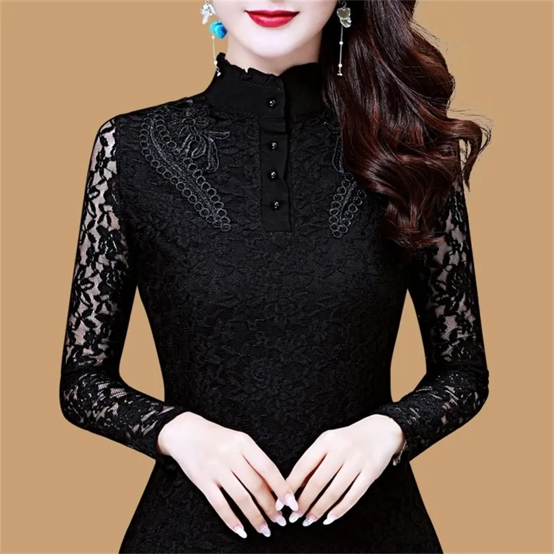 Kvinnor Spring Autumn Style Slim Lace Bluses Shirts Lady Casual Long Sleeve Turtleneck Flower Printed Lace Blusa Tops 210302