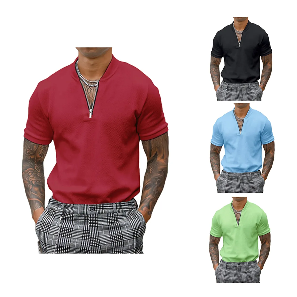 T-shirt de polos de golfe solto de cor sólida para masculino Slim Fit Zipper Design de lapela