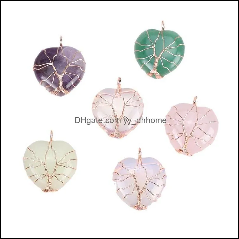 Silver Gold Wire Wrapped Natural Stone Heart Tree of Life charms Pendant Healing Chakra Crystal Amethyst Rose Quartz pendats For DIY Jewelry Making
