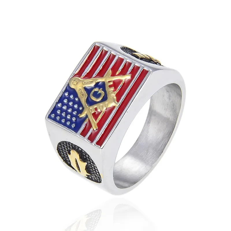 stainless steel men's ring freemaoson masonic America national flag rings free mason masonic emblems jewelry jewel Man's Gift