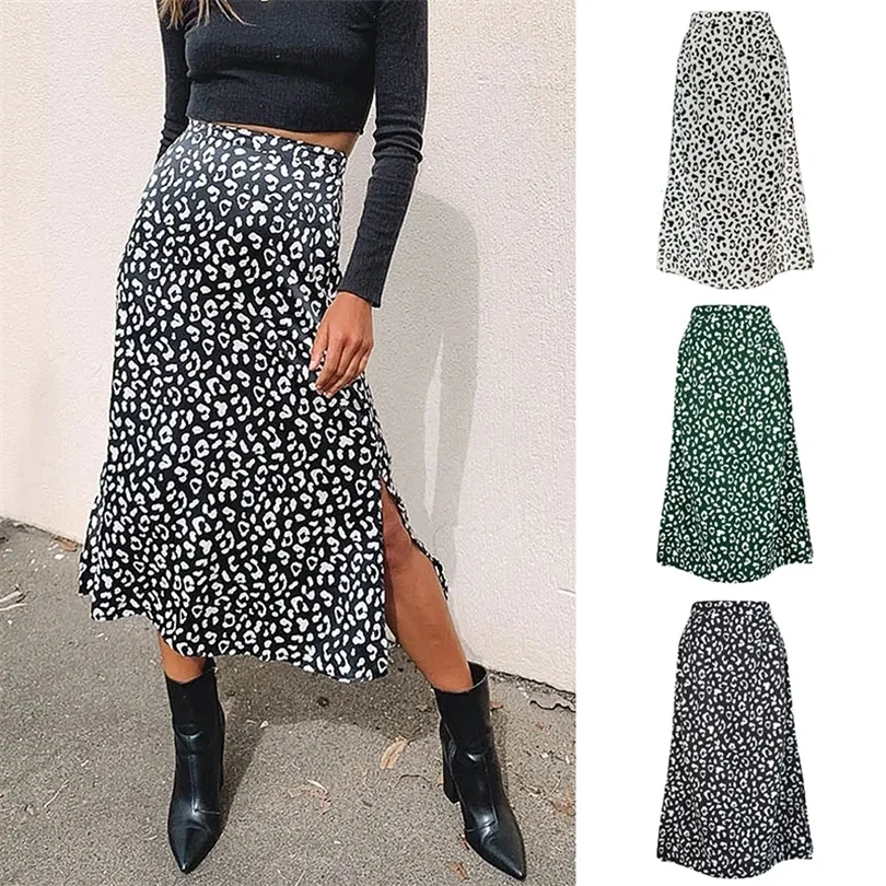 New Sexy Leopard Print Chiffon Split Skirt Casual Fashion Long Skirts for Women Spring Summer Zip Elegant Female Skirt 201111