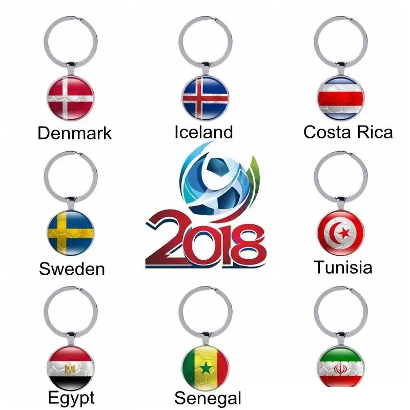 Världscup dubbelsidig fotbollsnyckeltröjor Landsflaggor Glass Cabochon Soccer Fans Souvenir Car Keyholder Bag Accessories Key Chain