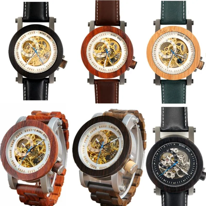 Polshorloges vogelhout mechanisch horloge mannen top leer automatische klok sandelhout lichelachtige polshorloge mannelijke kerstcadeau waterdichte waterdichtwris