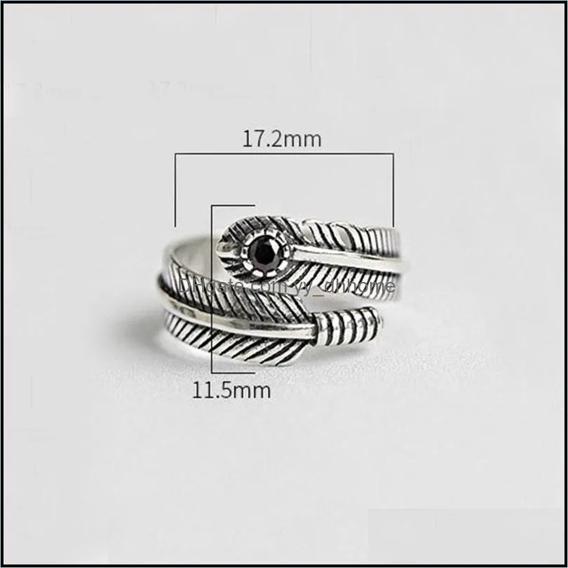 Retro Genuine 925 Sterling Silver Zircon Adjustable Band Ring Personality Feather Arrow Open Rings Jewelry YMR582