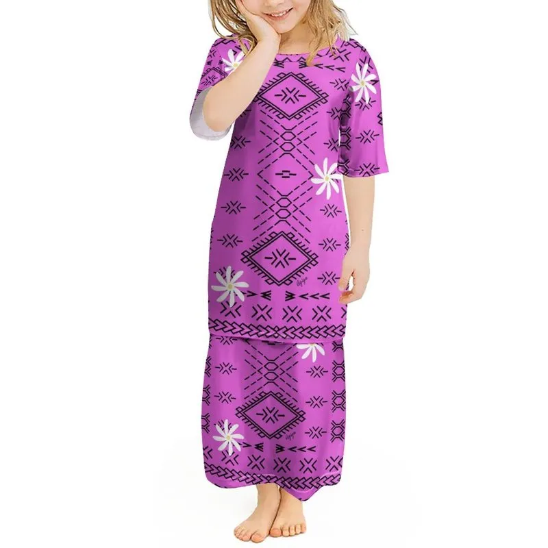 Personnalisé Polynésien Tribal Floral Tatouage Imprimer Enfants Robe Tonga Filles Puletasi Ensemble Ptaha Enfants Long Haut et Jupes Ensembles 220706