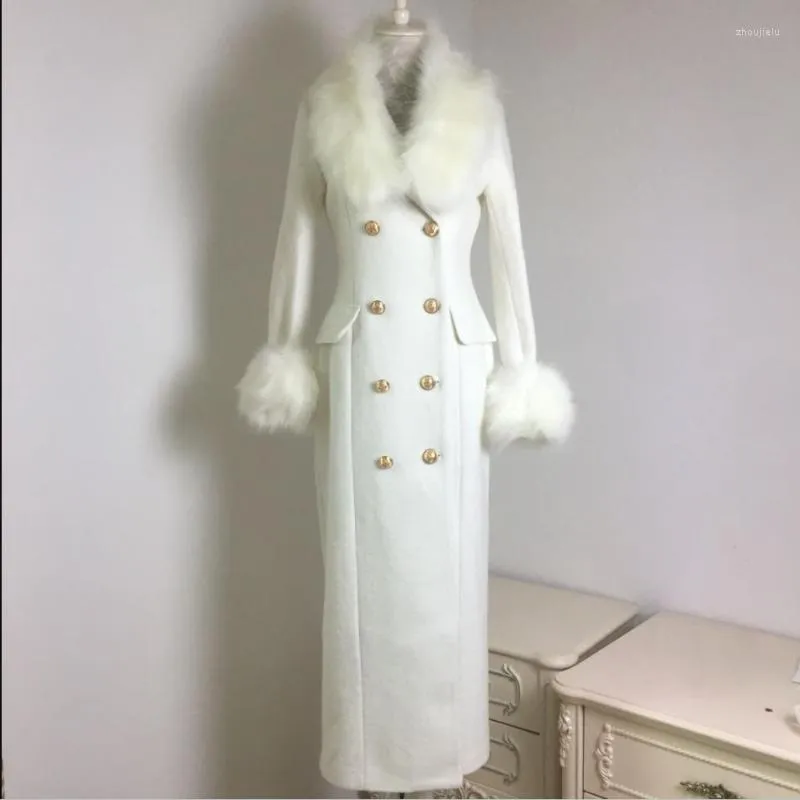 Mélange de laine pour femme, manteau en laine, grand col en fourrure, cachemire blanc, Double boutonnage, Slim, mode hiver