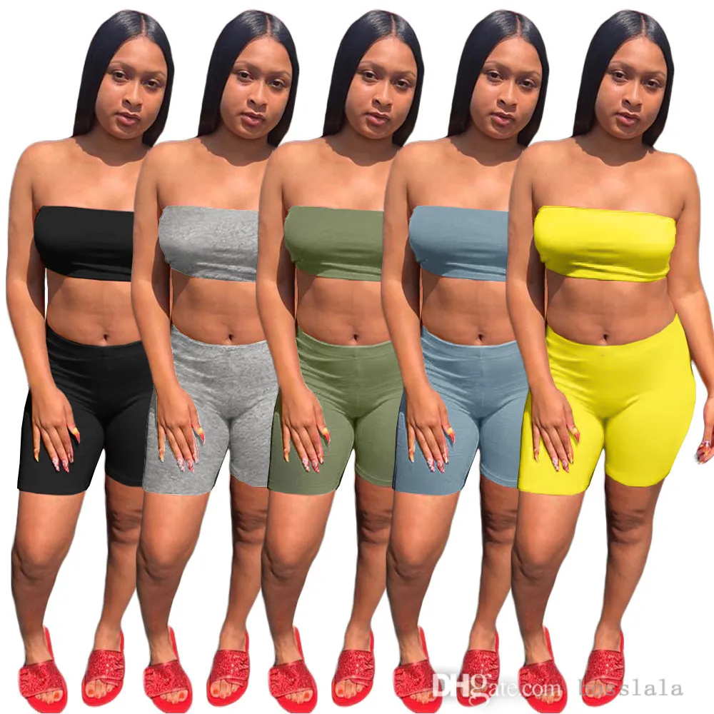 Summer Women Tracksuits Sexy Nightclub Tights High Elastic Strapless Shorts Two Piece Set Solid Bra Sportwear