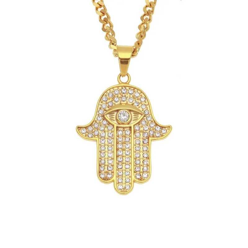 Hänghalsband högkvalitativa rostfritt stål herrhalsband med diamant stora Fatimas hand hip hop hamsa handpendapendapen