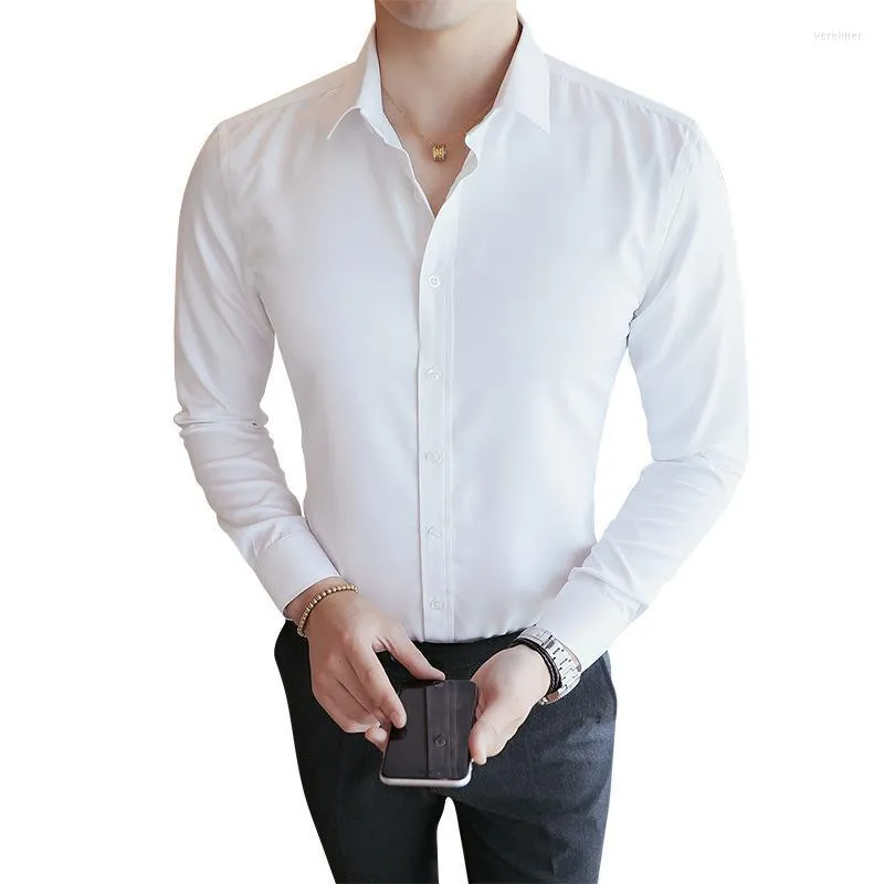 Мужские платья рубашки модные мужские рубашка с длинным рукавом сплошной тонкий мужской случай Случайный бизнес белый черный пуговица вниз рубашки Vere22