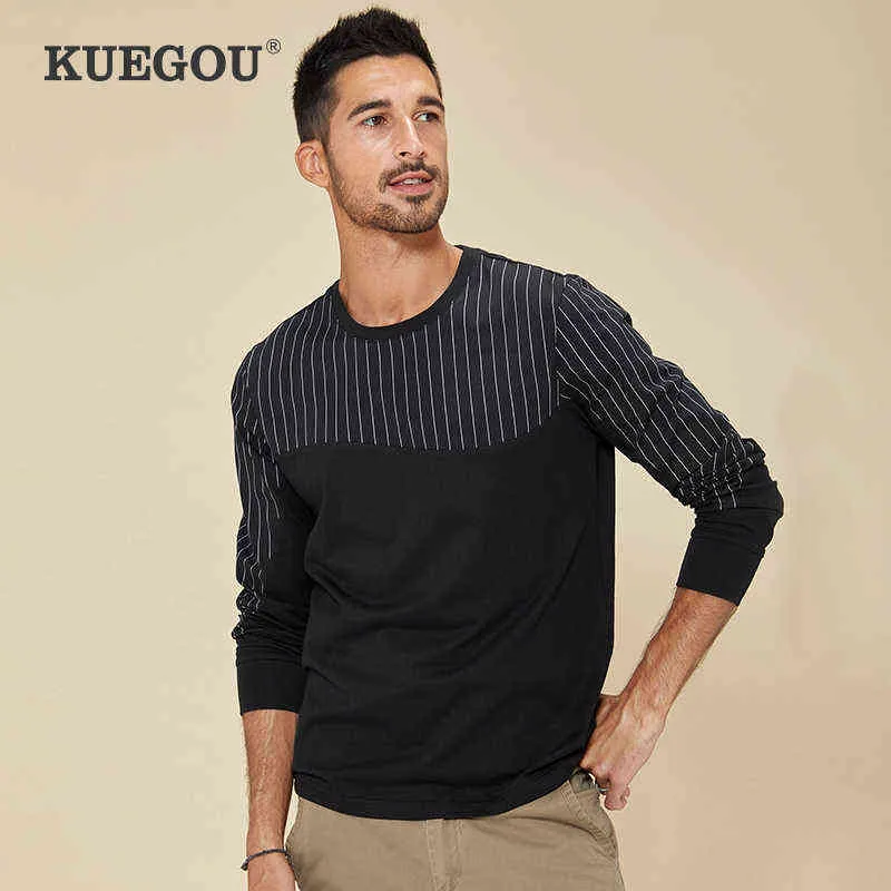 KUEGOU 100% coton t-shirts à manches longues T-shirt hommes Patchwork rayé t-shirt hommes t-shirt automne Streetwear haut grande taille ZT-88021 T220808