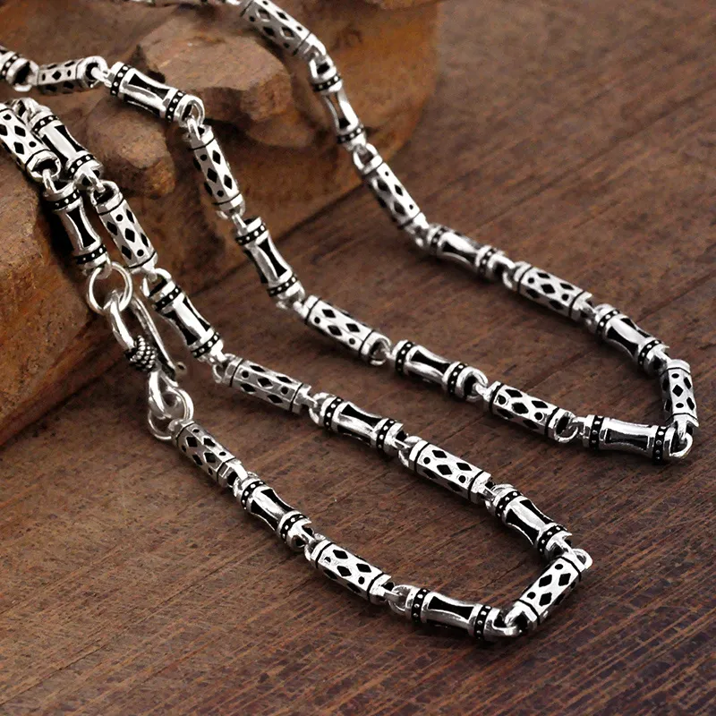 925 Sterling Silver Bamboo Necklace Tide Personality Wild Retro Thai Couple Fashion Mens and Womens Clavicle Chain Gift