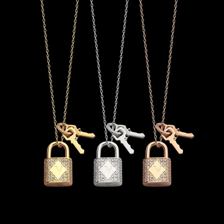 Europe America Fashion Style Lady Women Titanium steel Necklace With Engraved V Initials Full Diamond Lock Double Keys Charm302f