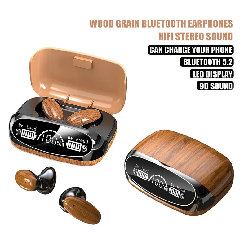 Wood GrainTWSワイヤレスヘッドフォンBluetooth 5.2 Gamer 9Dステレオイヤホンスポーツ防水ゲーミングヘッドセット付きマイクLEDディスプレイ充電ボックスM35