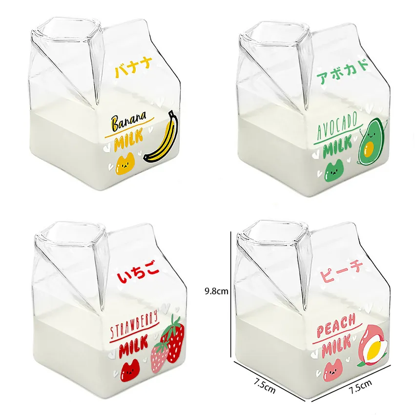 Glass Creamer Box Heat Resistant Cartoon Mini Square Milk Carton Container Cup 380ml Water Cup Kawaii Mug Kawaii Bottle