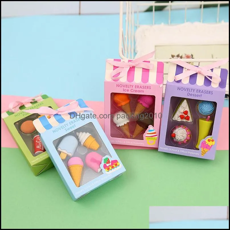 Creative Cute ice Cream Cake Eraser Drink Coke Eraser Set Stationery School Office Erase Supplies Kids Gifts