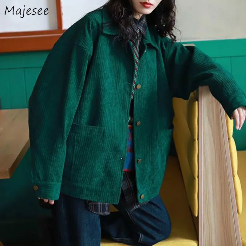 Basic Jackets Women Solid Green Corduroy Turndown Collar Vintage Korean Style Elegant Bright Trendy Loose Slim Casual Ladies 220815