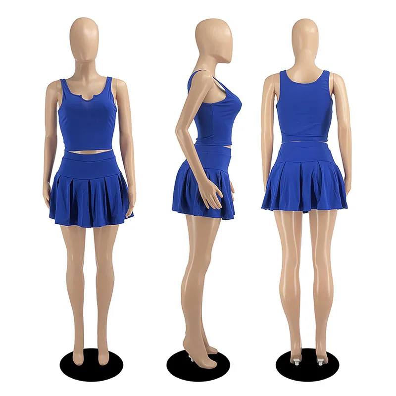 新しい女性テニスドレスセット夏の衣装のノースリーブTシャツ+ショーツスカート2ピースセットカジュアルマッチセットスポーツフィットネススカートスーツ7435