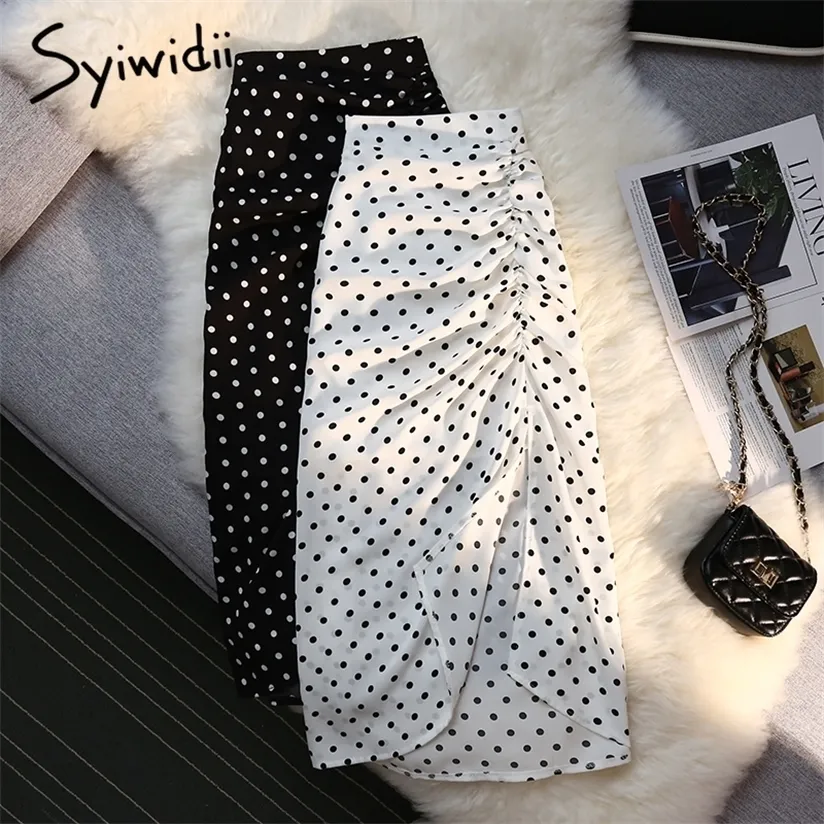 Syiwidii ​​shirring lateral lateral saias das mulheres polka dot impressão branco cintura alta volta faixa elástica elegante senhoras midi longa saia 220322