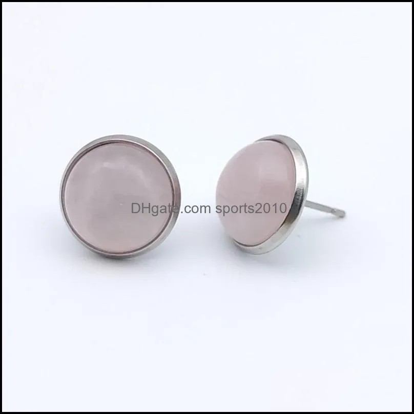 10mm 12mm natural stone stud stainless steel environmental protection rose quartz healing crystal earrings earings for women fashion