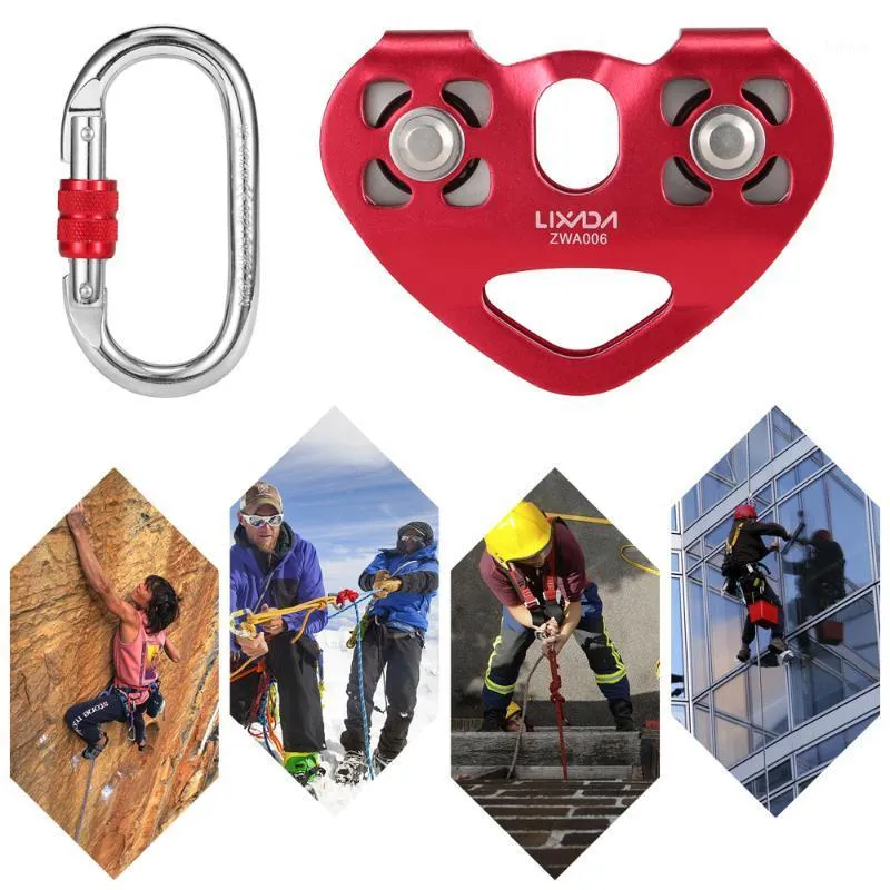 Sladdar, slingar och webbing lixada 30kn Cable Trolley remskiva Dual med 25KN Srew Lås karabiner för bergsklättring Caving Aloft Work Rescue