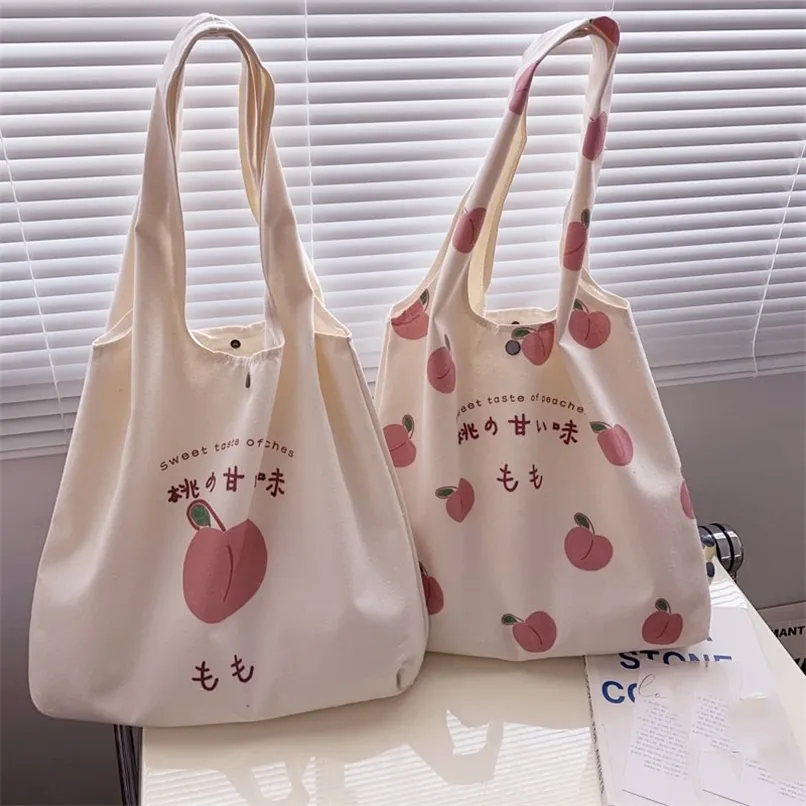 Fashion Canvas Tote Bag Purses and Handbags For Women Shopper Söt designer axel japansk stil persika tryck Eco 220512