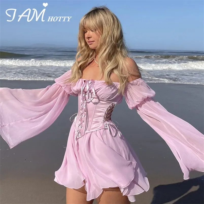 IAMTY Chiffon Slash Neck Mini Dres Summer Beach Vacation Long Sleeve Corset Bandage Sundress Party Casual Dresses Pink 220530