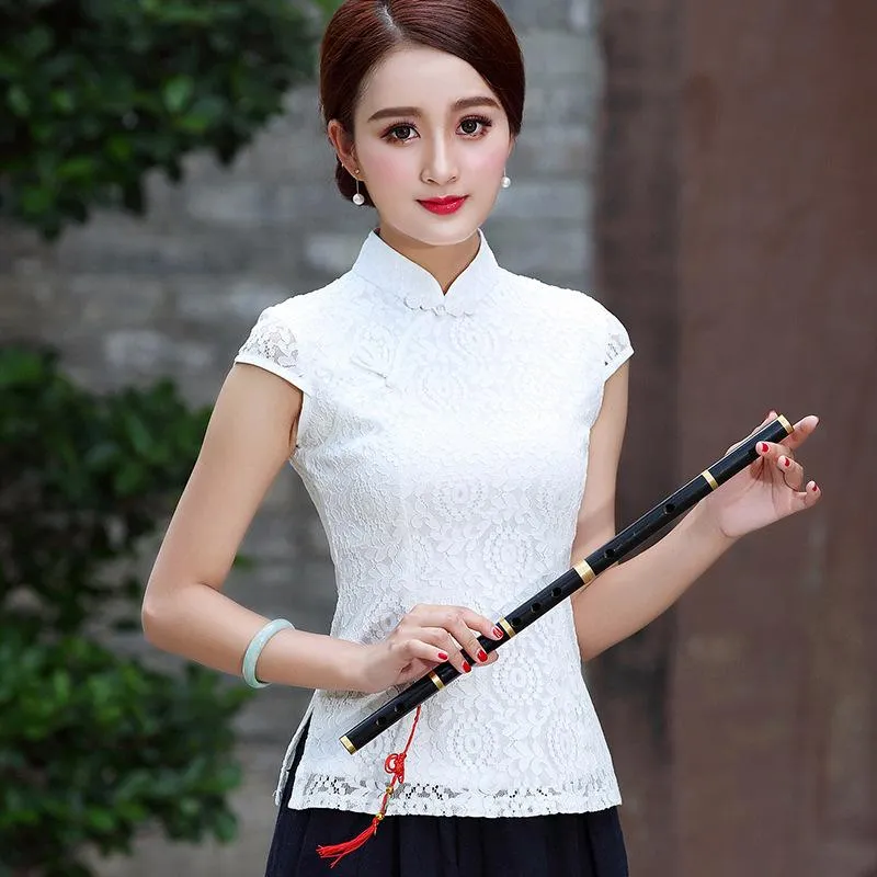 Etniska kläder Coco Ladies White Lace Blue Qipao toppar kinesisk stil vintage kvinnor bär tangzhuang kläder haut chinoisethnic