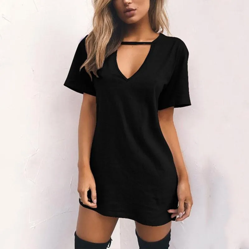 Frauen Sommer T-shirt Kleid 2022 Mode Sexy V-ausschnitt Kurzarm Casual Lose Reine Farbe Strand Schwarz Weiß Mini Kleider Plus größe