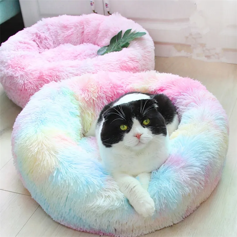 Deep Sleep Cat Bed House Pet Cat Kennel Rund Långt plysch Vinter varma bo dyna Dog Bed Teddy Rainbow Colors Cat levererar T200101