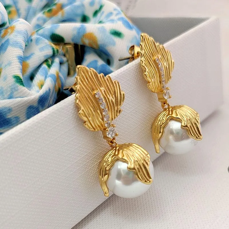 Dangle & Chandelier Leaf Pearl Drop Earrings For Women Luxury Designer F Elegant Dainty Jewelry Party Romantic Bridesmaid GiftDangle