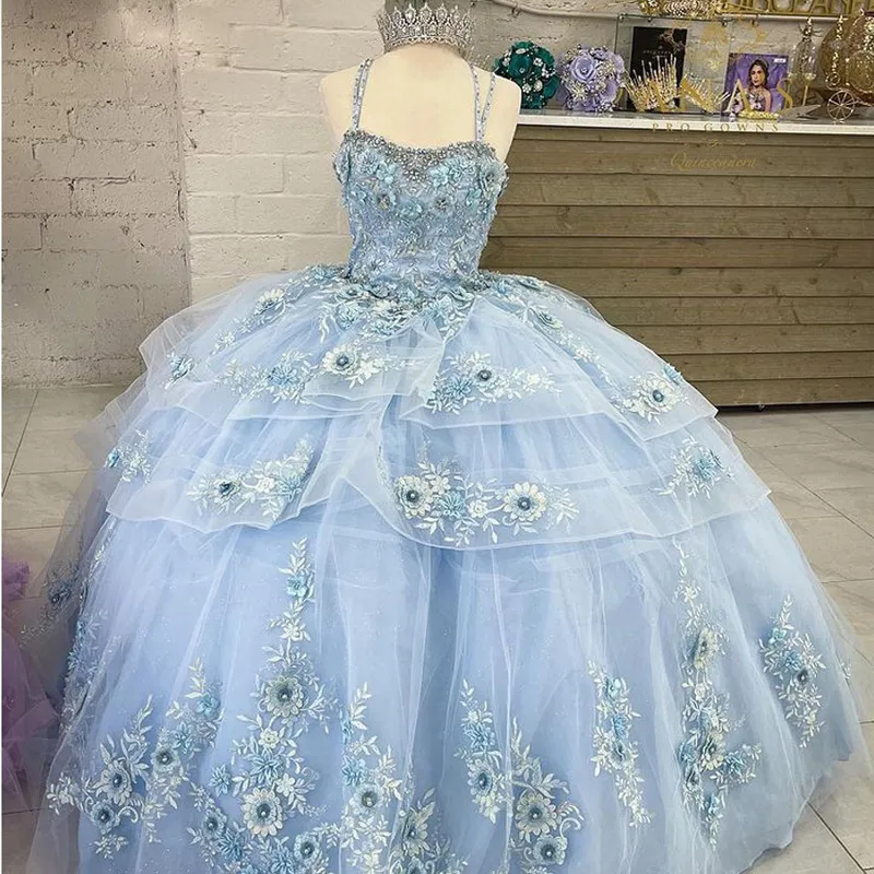 Sky Blue Quinceanera klänningar 3D Flower Sweet 15 klänningar Criss Cross Vestidos de xv anos för juniorbollklänningar