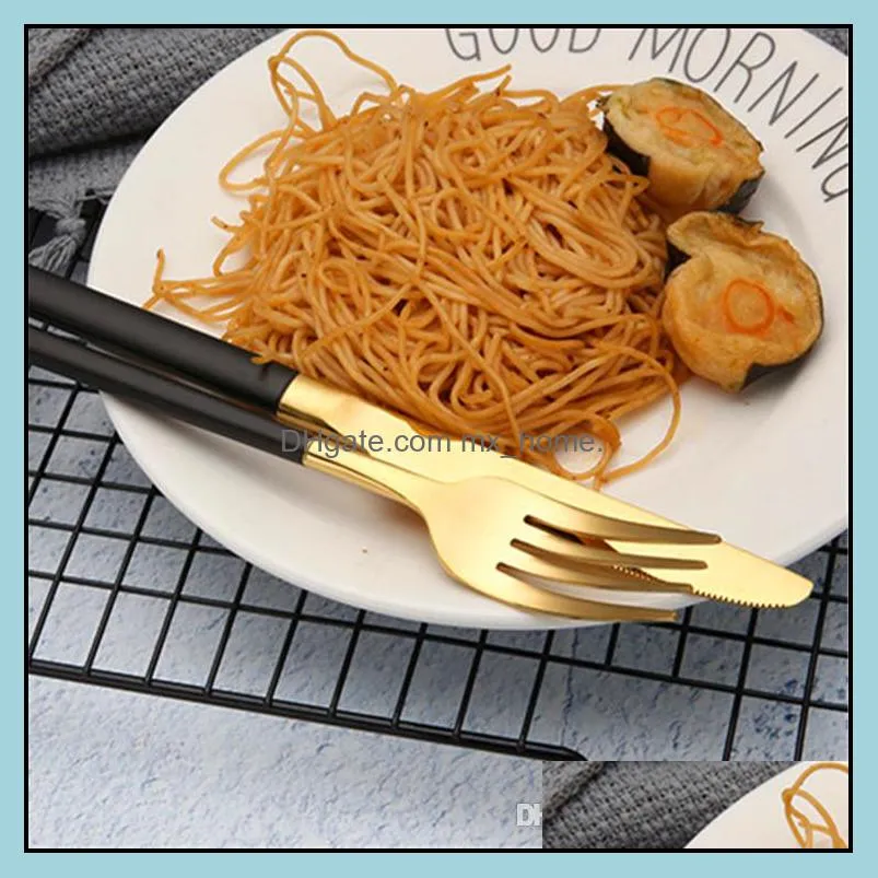 Gold Stainless Steel Flatware Serve Cutlery Knife and Fork Spoon with Black Handle Tableware Dinnerware