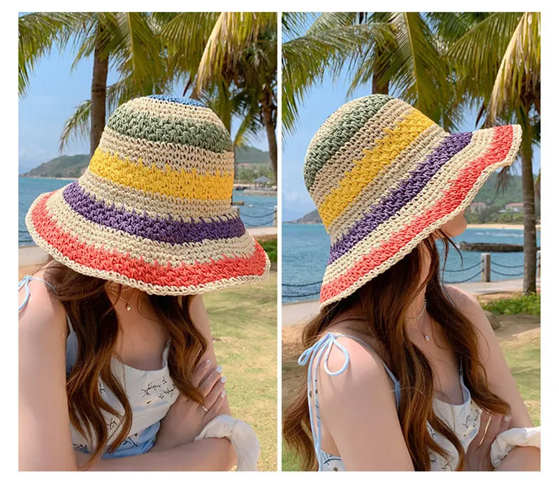 Rainbow Bucket Hat Girl 2022 Summer Straw Wide Brim Hats for Women Dome Floppy Sun Hat Femme Shade Hat Fashion Sunhat Sunhats Woman Holiday Beach Cap Travel Caps