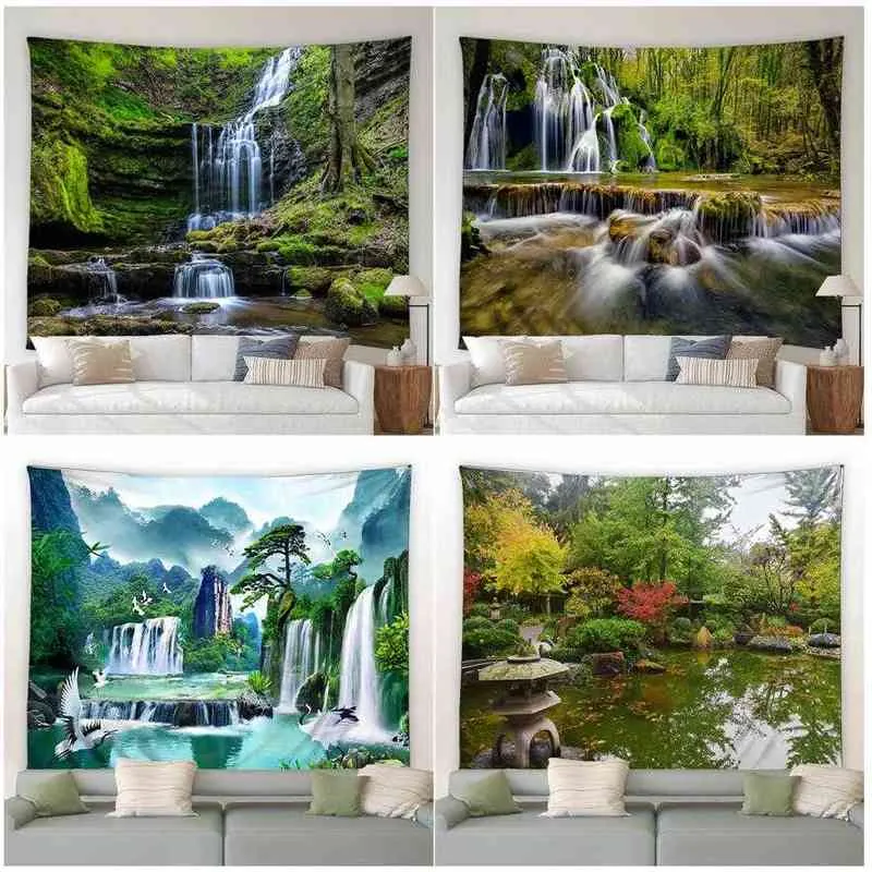 Forest Garden Landscape Wall Carpet Waterfall Birds Chinese Style Nature Home Living Room Bedroom Hanging Decor Mural J220804