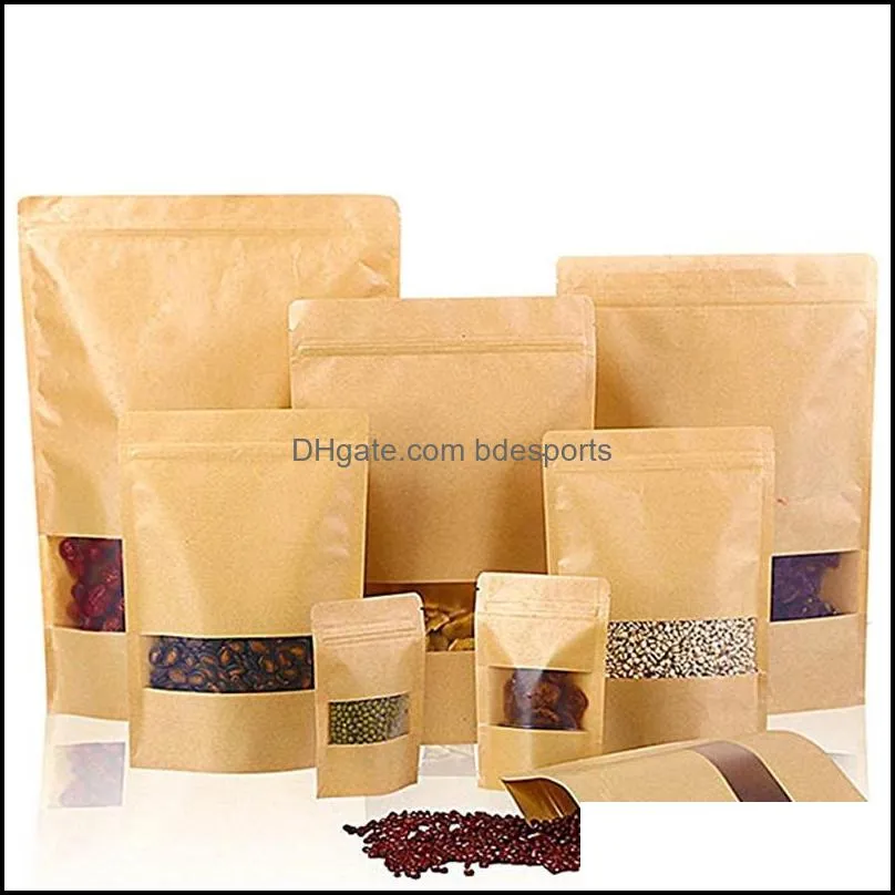 Kraft Paper Bag Zipper Stand Up Food Pouches with Transparent Window Reusable Bags for Coffee Tea