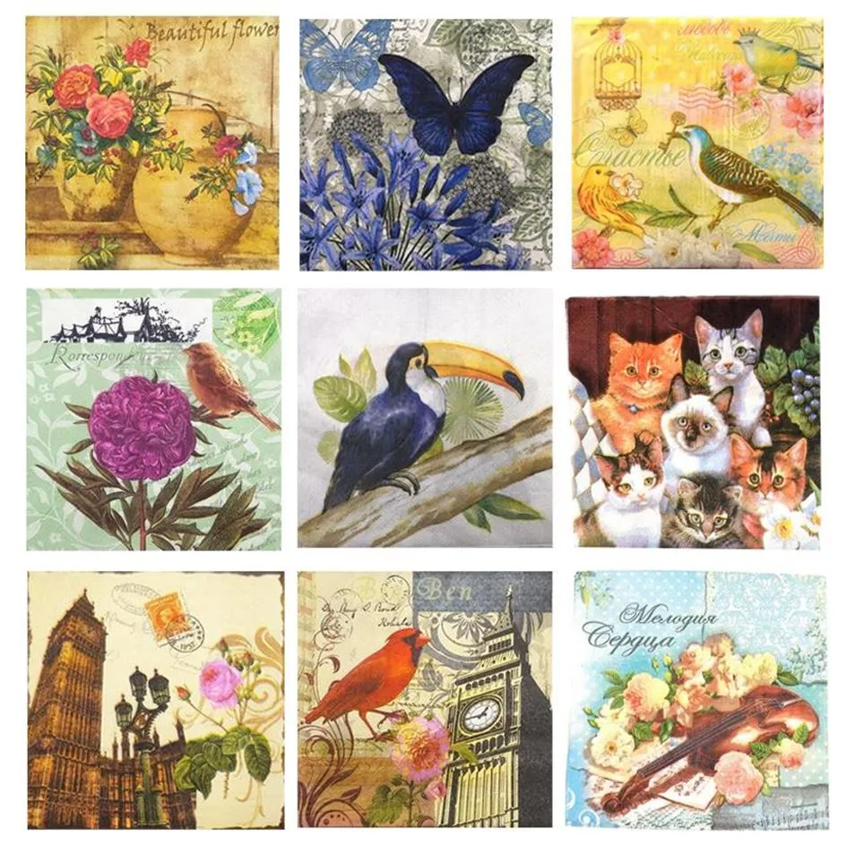 Packaging Dinner Service Decoupage Napkins Retro Vintage Birds Butterfly Floral Paper For Disposable Decorative Party Tissue Table304a