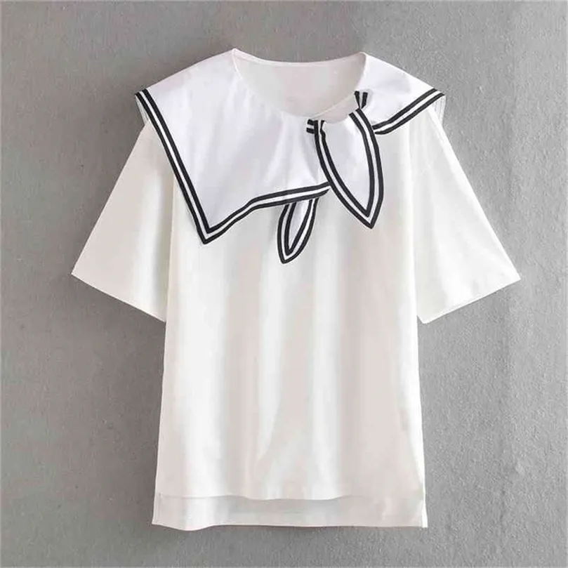 HSA Summer Damskie O-Neck Białe koszulki z krótkim rękawem żeglarz marynarz fałszywe dwa sztuki Tshirt żeńskie swobodne koszulki Tops 210716