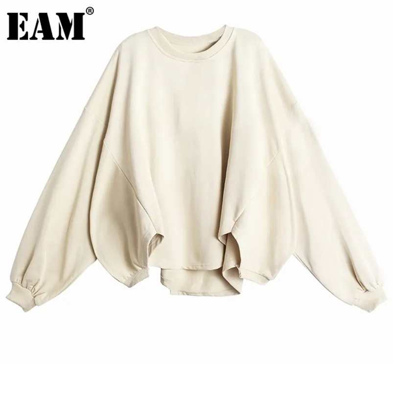 EAM Loose Fit Apricot Oversized Sweatshirt New Round Neck Long Sleeve Women Big Size Fashion Spring Autumn LJ201103