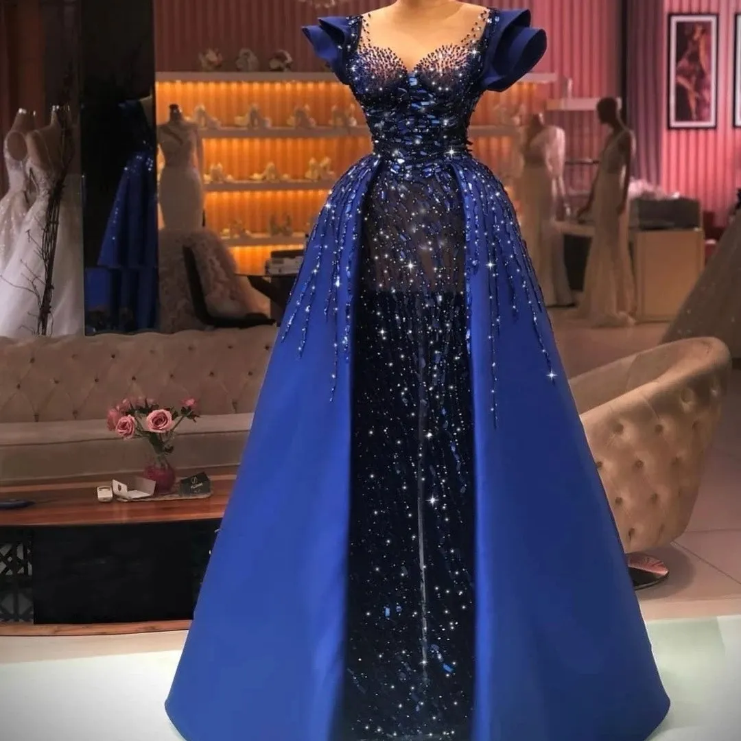Królewskie niebieskie cekinowe sukienki wieczorne Patrz z Orsskrtis imprezowymi sukienki na czapki rękawy koronkowe aplikacje Kobiety formalne długość podłogi de soriee
