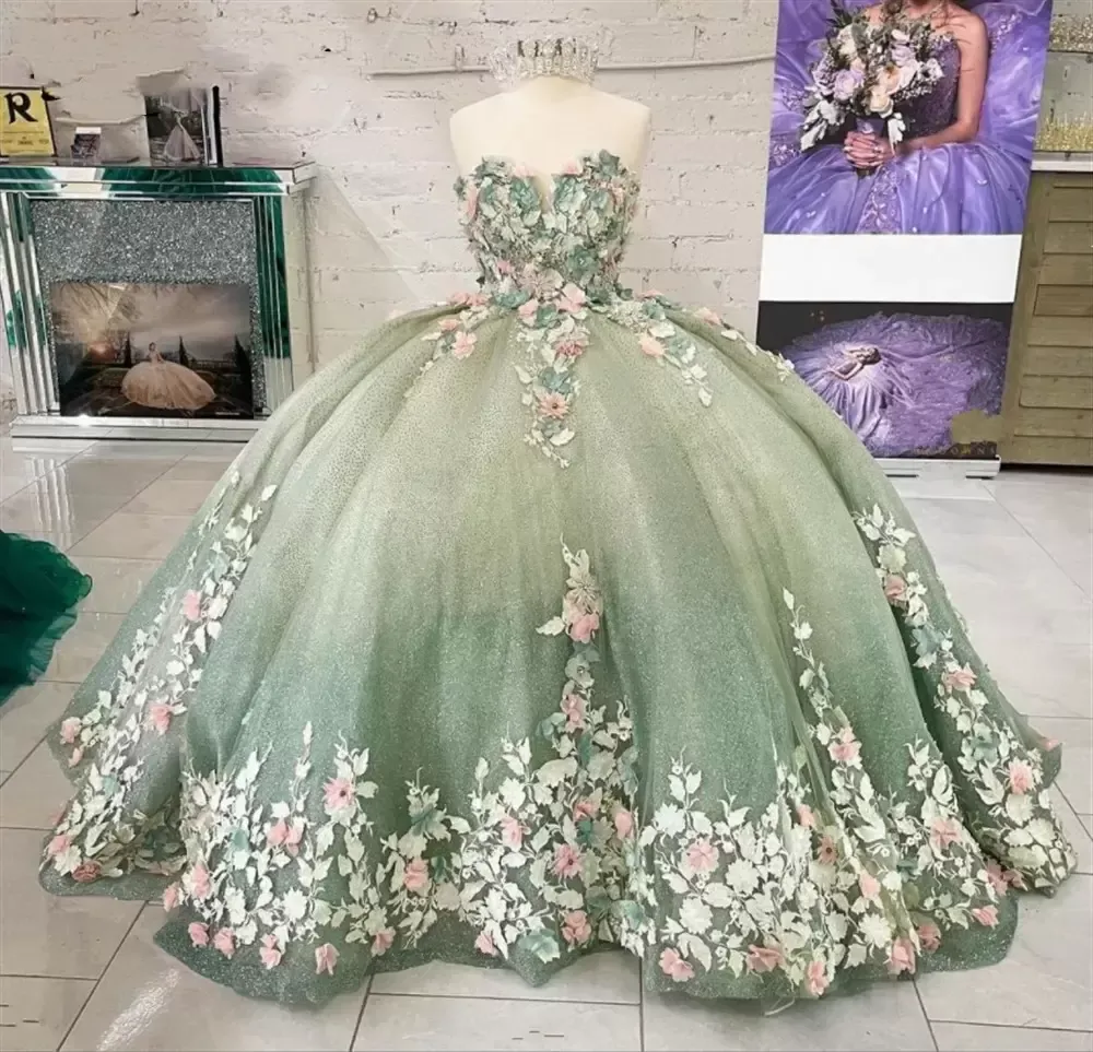 연한 녹색 의무 Quinceanera Dree Sweetheart Necklin 3D Floral Applique Bed Tulle 2022 Prom Ball Gown Cutom Made Sweet 16 생일 파티 공식