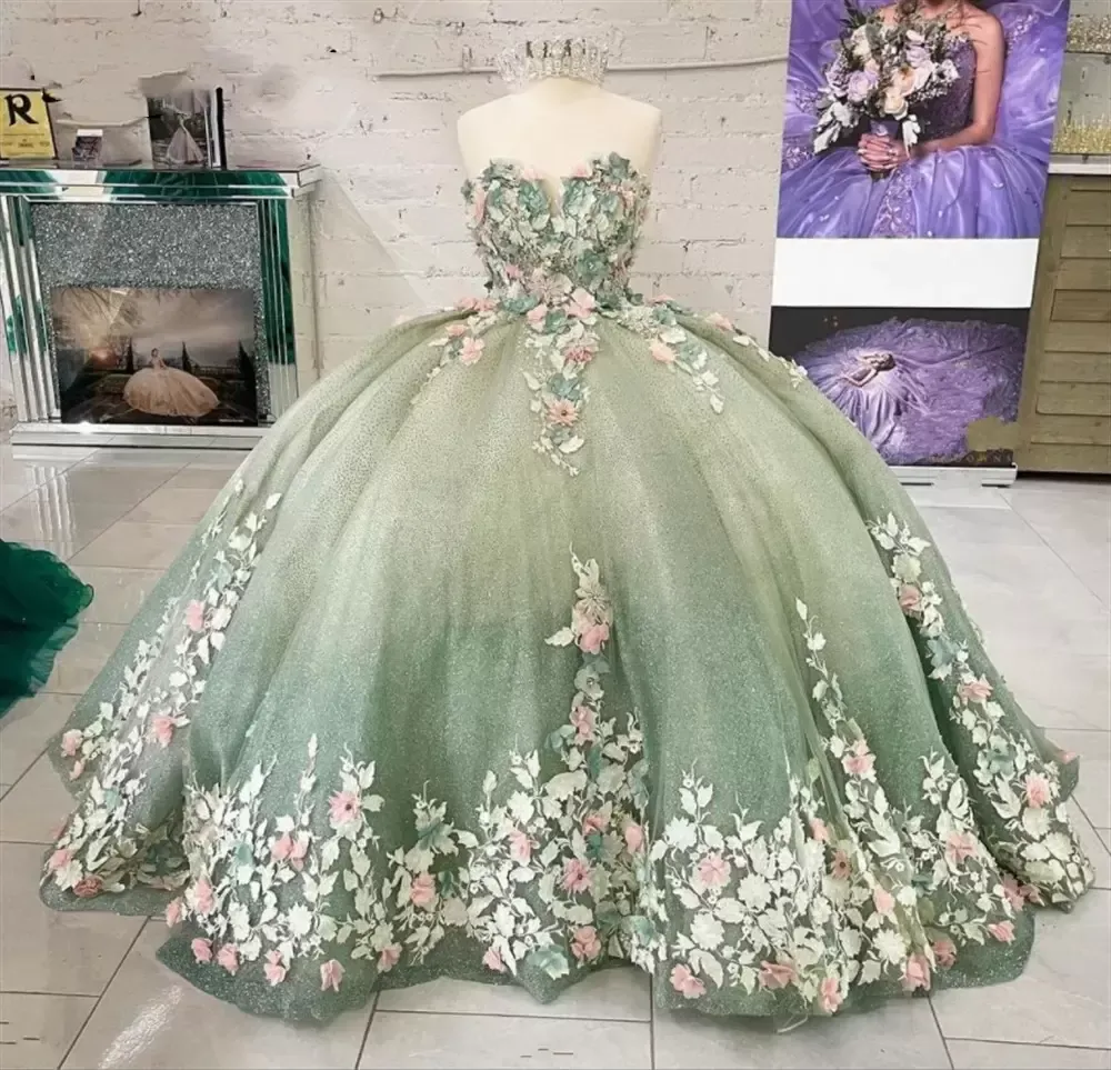 ライトグリーンデューティQuinceanera Dree Sweetheart Neckline 3D Floral Applique Beaded Tulle 2022 PROMボールガウンカットメイドスウィート16バースデーパーティーフォーマル