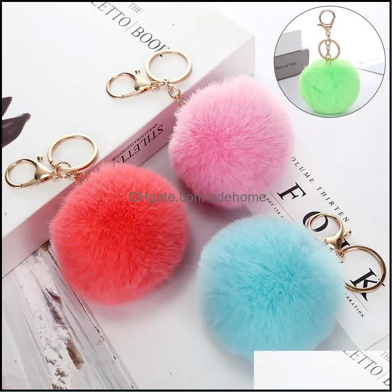 lovely keychains women`s pom poms faux rex rabbit fur 8cm ball key chains girl bag hang car key ring pendant