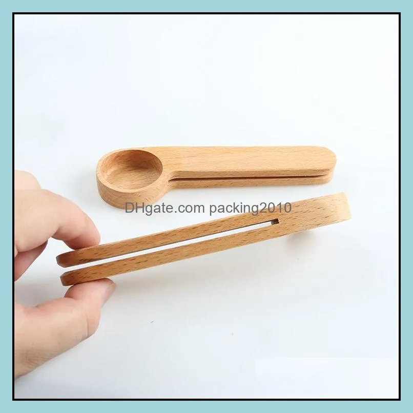 design wooden coffee scoop with bag clip tablespoon solid beech wood measuring tea bean spoons clips gift wholesale paa9985