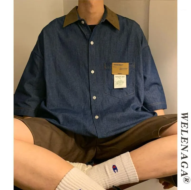 Men's Casual Shirts American Vintage Lapel Short Sleeve Denim Men Shirt 2022 Summer Loose All-match Blue Streetwear Korean Clothes