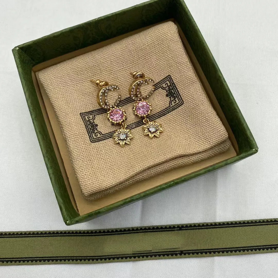 Boucles d'oreilles lustre longues pendantes de luxe pour filles, boucles d'oreilles en forme de fleur en diamant rose, 292e
