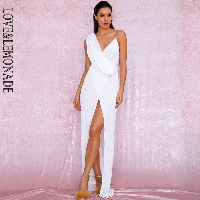 LOVELEMONADE сексуальное белое вечернее платье макси с глубоким v-образным вырезом и пайетками LM81849 220507