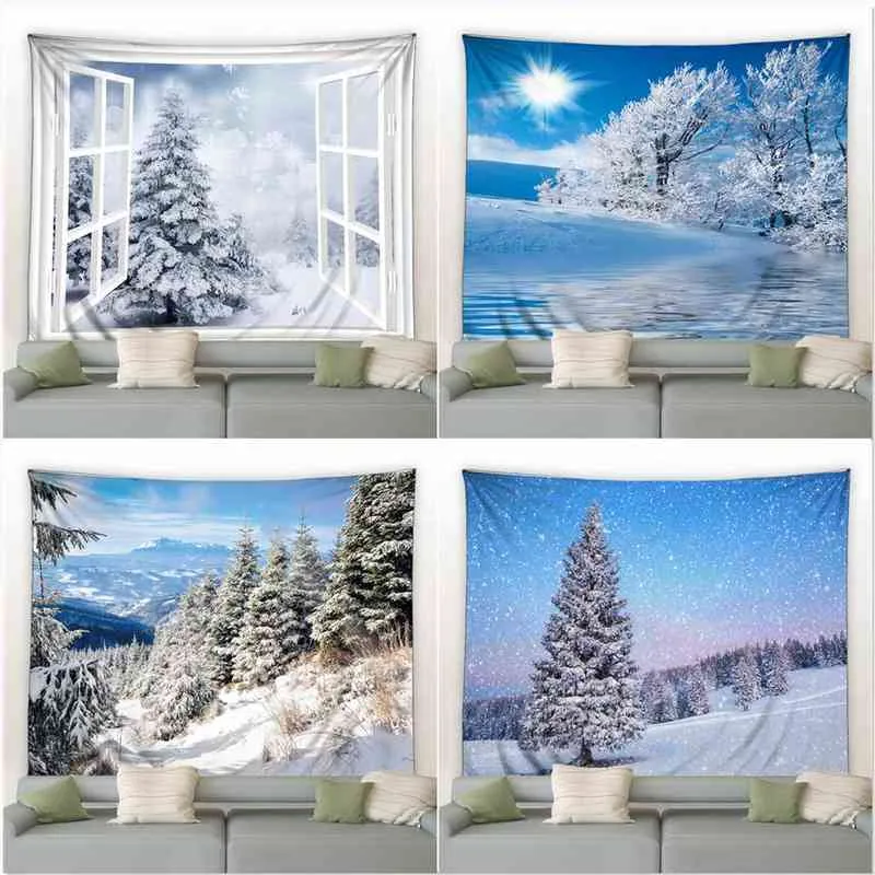 Dreamy Winter Landscape Wall Carpet Snow Pine Trees Forest Sunset Glow Photography Bakgrund Christmas Bedroom Room Decor Filt J220804